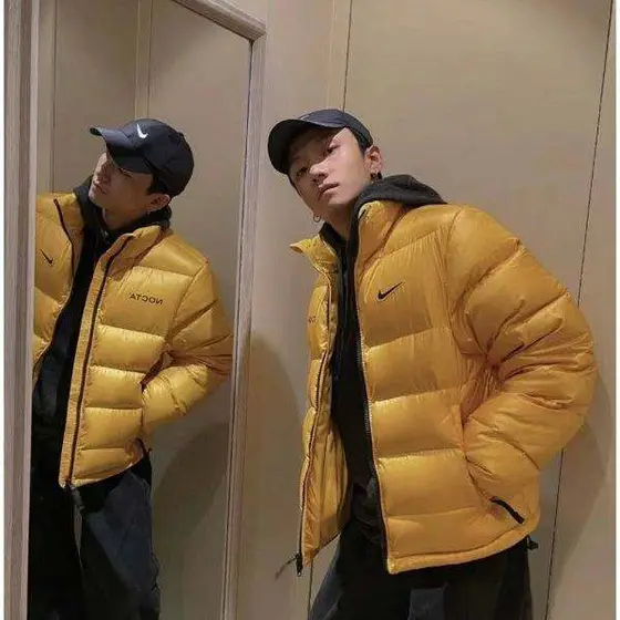 Nike Men's Yellow Puffer Jacket, Swoosh Logo Stand Collar Down Coat