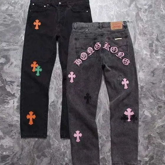 Chrome Hearts Cross Patch Denim Jeans, Black/Grey Straight Leg Streetwear Pants