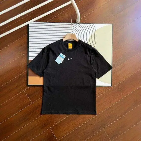 Nike Men's Swoosh Logo Short Sleeve T-Shirt, Black Cotton Crewneck Casual Tee